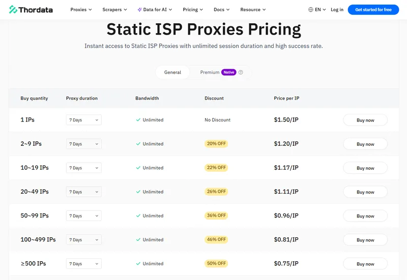 Thordata residential proxy IP — Thordata Static ISP Proxies · screenshot 3 of 4