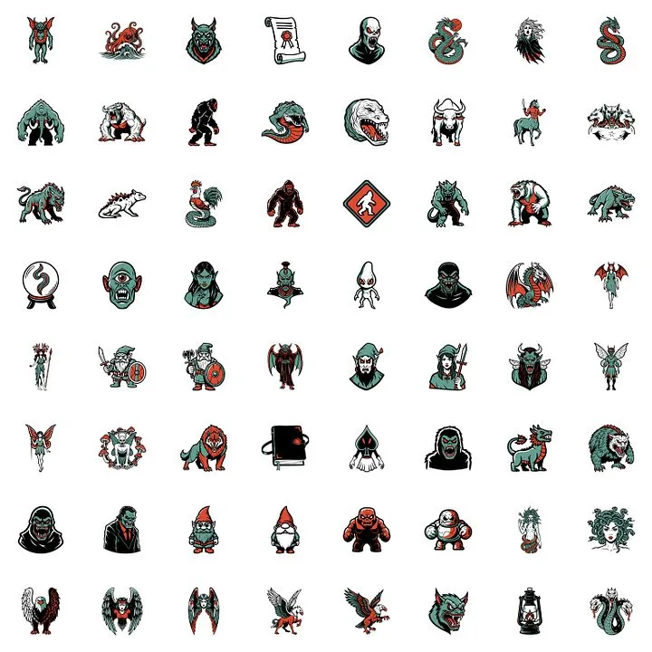 LinearAndLoom — Mythology Cryptids SVG Icons | Vintage Comic Folklore Creatures (svg, png, jpg) · screenshot 1 of 3
