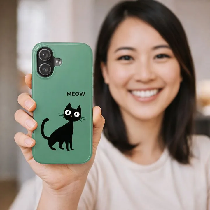 VeloraLume — "Meow" Black Cat Case — iPhone 17 | Glossy Tough · screenshot 2 of 6