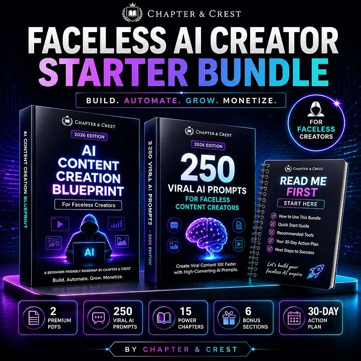 Chapter & Crest — Faceless AI Creator Starter Bundle Build. Automate. Grow. Monetize · screenshot 1 of 1